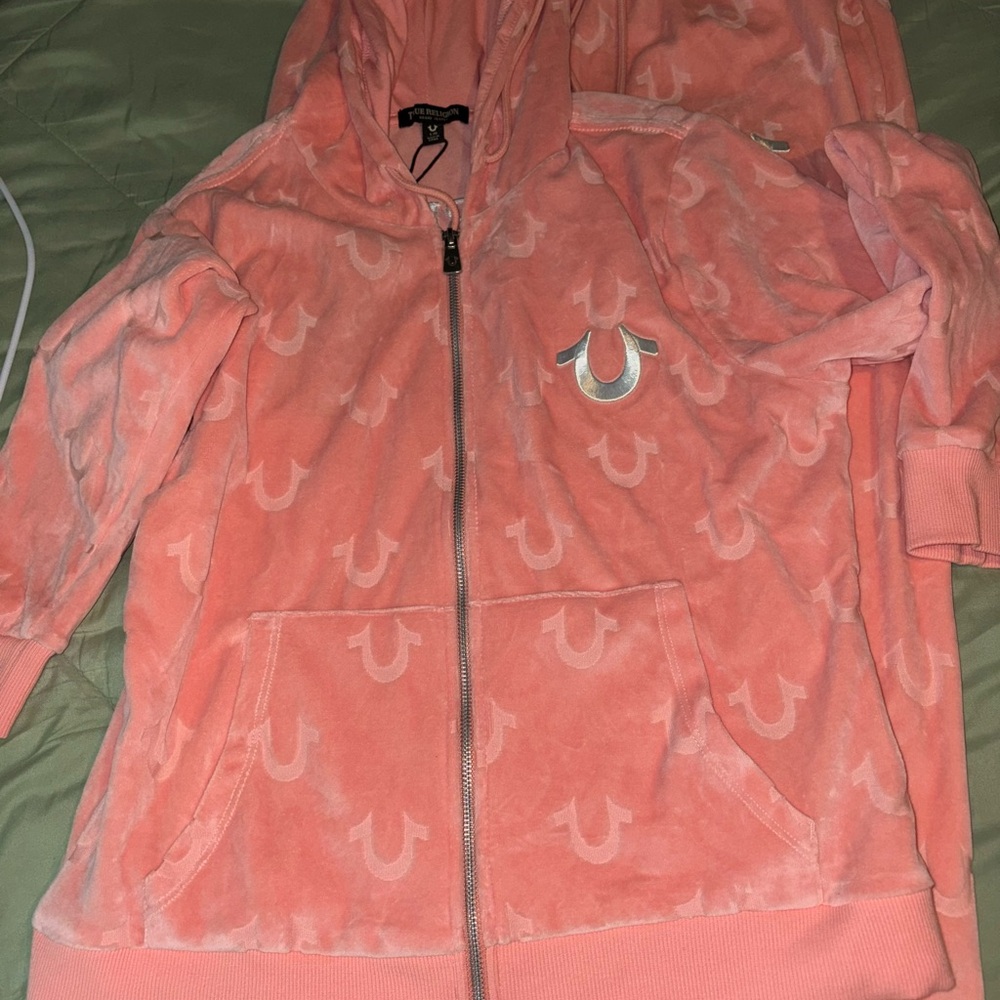Pink True Religion Hoodie VELOUR WIDE LEG TRACK PANT set